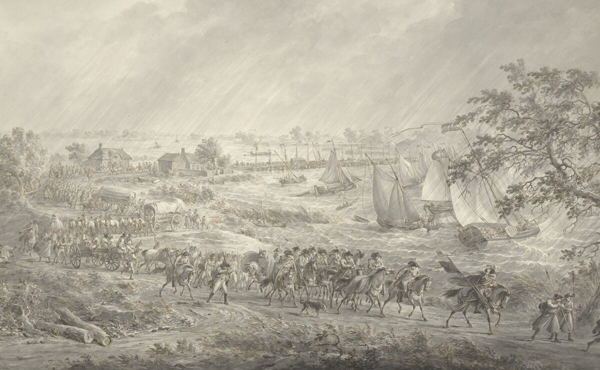 Overtocht van de Engelse en Hannoverse troepen uit Nijmegen naar Lent over de schipbrug over de Waal, 7 november 1794. Tekenaar: Dirk Langendijk. Bron: Rijksmuseum